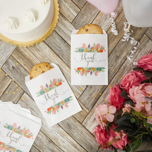 100 Pack Paper Cookie Bags - 7.5 x 5 Inch for Party Favors, Treats and Candy; Wedding Individual Bag with Floral Thank You Design & Mini Gift Pouc...