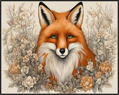 Posterizer 1 pcs- Red fox with green eyes in the middle of wild flowers-Art for Animal Lovers-Floral & Botanical - Gift for Men Women Teens-Living...