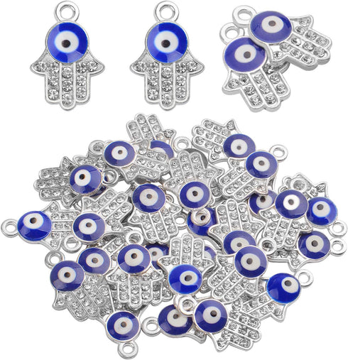 Aylifu 30pcs Hamsa Hand Evil Eye Charms Hand of Fatima Pendants Rhinestones Jewelry Making Findings for DIY Necklace Bracelet,Silver...