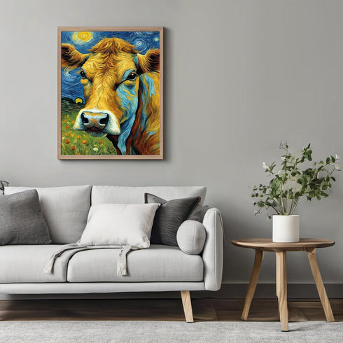 Posterizer 1 pcs- cute cow with starry night inspired background-Art for Animal Lovers-Gift for Art Lovers-Living Room Bedroom Decor- unframed wal...