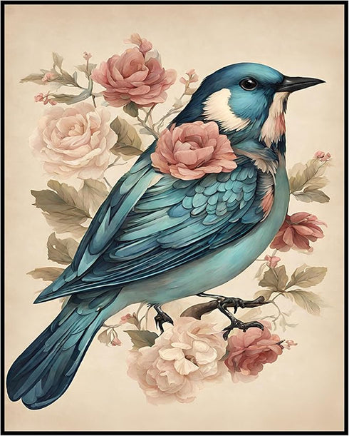 Posterizer 1 pcs- Beautiful blue bird with wild pink and red flowers-Art for Animal Lovers-Floral Botanical Art- Gift for Men Women Teens-Living R...