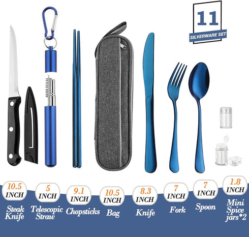 Portable Travel Reusable Utensils Silverware with Case,Travel Camping Cutlery set,Chopsticks and Straw Flatware, Stainless steel Travel Utensil se...