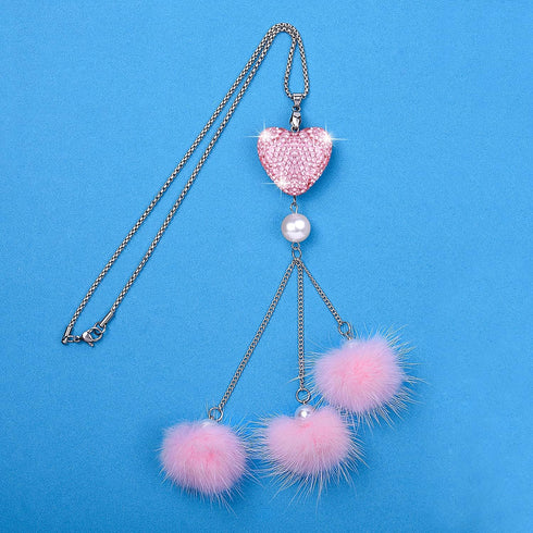 Wisdompro Bling Car Rear View Mirror Hanging Accessories for Women, Rhinestone Diamond Love Heart, Imitation Pearl and Pink Plush Ball Car Rearvie...