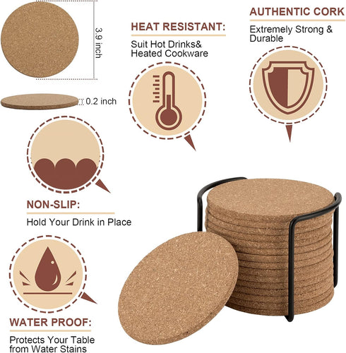 Cork Coasters, Coasters Set of 16pc with Round Edge, Waterproof Drink Coasters for Wine Glasses & Mugs, Thick Plain and Heat-Resistant Coasters fo...
