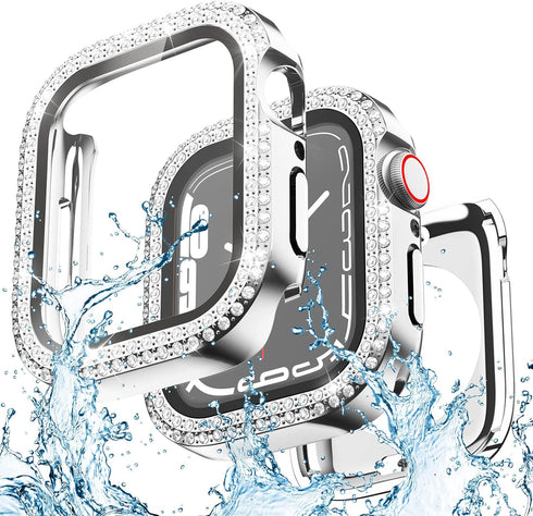 2 in 1 Waterproof Bling Case Compatible for Apple Watch 44mm Screen Protector SE Series 6/5/4, Women Glitter Diamond Rhinestone Bumper Face Cover ...
