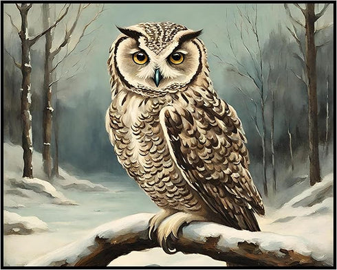 Posterizer 1 pcs-owl in nature-winter snowy scene in oil painting style-5-Art for Animal Lovers-Landscape & Nature Art-Decor for Home & Office- un...