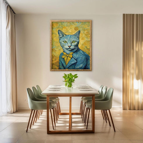 Posterizer 1 pcs- Blue cat with clothes on and a yellow background-Art for Animal Lovers-Comedy Art- Gift for Men Women Entrepreneur Teens-Decor f...