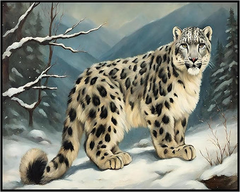 Posterizer 1 pcs-snow leopard in a wintery nature-oil painting style 2-Art for Animal Lovers-Landscape & Nature Art-Decor for Home & Office- unfra...