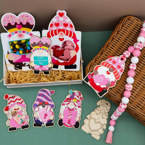 48 Pieces Valentines Wooden Gnome Craft Kits Unfinished Wood Gnome Cutout Slices Ornament Blanks Hanging for Valentine's Day Dwarf DIY Craft Makin...