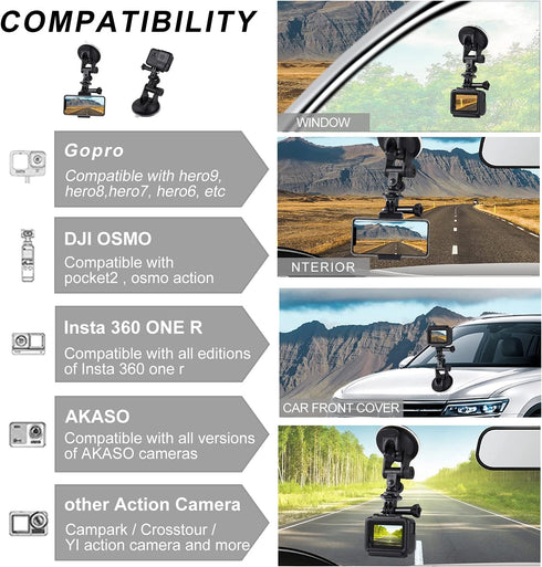 PULUZ Suction Cup Mount for Gopro Car Mount, Adjustable Vehicle Window & Windshield Mount Holder, Compatible with GoPro Hero 11 10 9 8 7 6/Insta36...