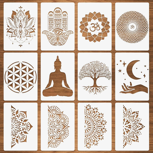 12 Pcs Sacred Geometry Stencils, Hamsa Hand Torus Om Sacred Lotus Moon Mandala Zen Stencils Flower of Life Yoga Spiritual Stencils Meditation Temp...