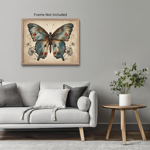 Posterizer 1 pcs- Blue butterfly next to small flowers-Art for Animal Lovers-Floral Botanical Art- Gift for Men Women Entrepreneur Teens-Living Ro...