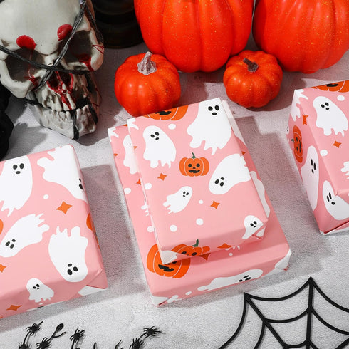 AnyDesign 6 Sheet Pink Halloween Wrapping Paper Cute Ghost Pumpkin Gift Wrap Paper Bulk Folded Flat Art Craft Paper for Halloween Birthday Party D...
