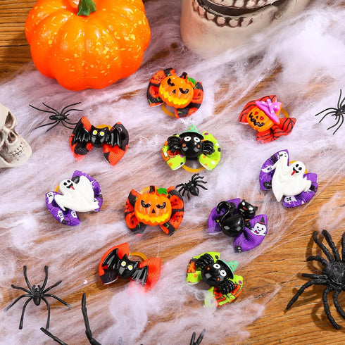 Frienda 64 Pieces Halloween Dog Hair Bows Halloween Dog Topknot Bows with Rubber Bands Pumpkin Ghost Bat Pet Hair Bows Puppy Grooming Bows Hallowe...