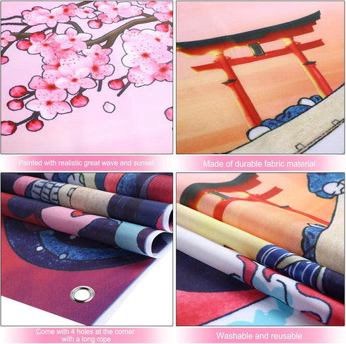 Ocean Wave Tapestry Japanese Kanagawa Backdrop Great Wave Tapestry Cherry Blossom Nature Sunset Background Wall Hanging Banner for Japanese Party ...