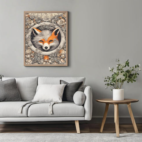 Posterizer 1 pcs- Red and gray fox in a circular frame next to flowers-Art for Animal Lovers-Abstract & Modern Art- Gift for Men Women Teens-Livin...