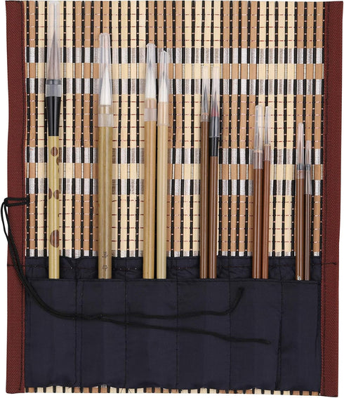 I-MART 10 Pcs Chinese Calligraphy Brush, Kanji Japanese Sumi Brushes, Writing Brush, Drawing Painting Brush Set with Roll Up Bamboo Holder...