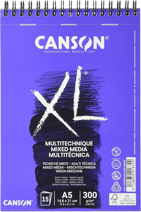 CANSON XL Textured Mixed Media 300gsm A5 Paper, Medium Grain, Spiral Pad Short Side, 15 White Sheets, Ideal for Professional Artists & Illustrator...