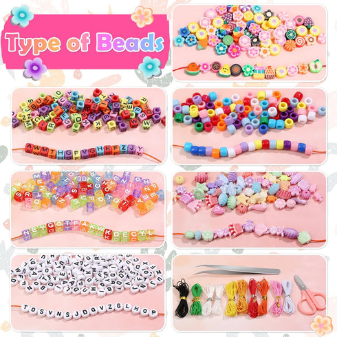 cridoz Bead Bracelet Making Kit, Bead Kits for Bracelets Making with Pony Beads, Polymer Fruit Clay Beads, Charm Beads, Letter Beads for Bracelets...
