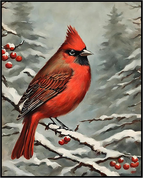 Posterizer 1 pcs-little bird in snowy winter scene-oil painting style -4-Art for Animal Lovers-Landscape & Nature Art-Decor for Home & Office- unf...