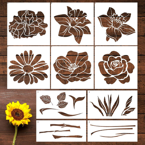 Flower Stencils for Painting - 10 Pcs Large Flower Stencils for Painting on Wall, Reusable Stencils Templates for Painting on Wood Wall Furniture,...