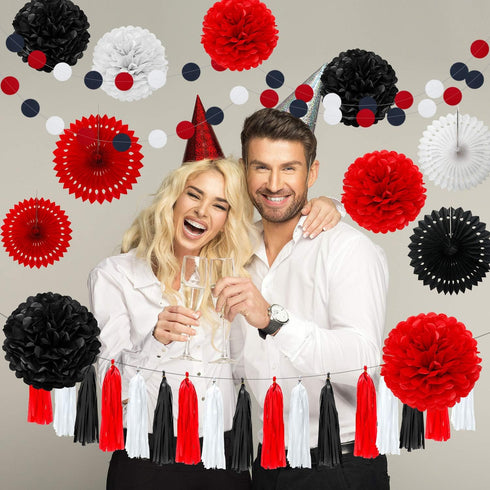 WILLBOND 29 Pcs Red and Black Decorations Mouse Paper Decoration Fan Pom Pom Honeycomb Flower Tissue Tassel Garland Theme Party Supplies for Gradu...
