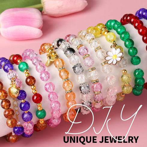 LEOBRO Crackle Glass Beads for Jewelry Making, 8MM Beads for Bracelets, Circle Crystal Bead Set, Crackle Glass Beads for Jewelry Making, Bulk Brac...