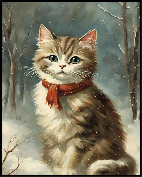 Posterizer 1 pcs-cute kitty cat in snowy winter-oil painting style -1-Art for Animal Lovers-Landscape & Nature Art-Decor for Home & Office- unfram...