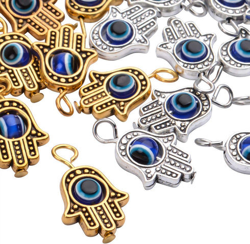 40pcs Antique Hamsa Hand Evil Eye Charms Hand of Fatima Pendants Jewelry Findings Accessory for DIY Necklace Bracelet Crafting Supplies,Gold & Sil...
