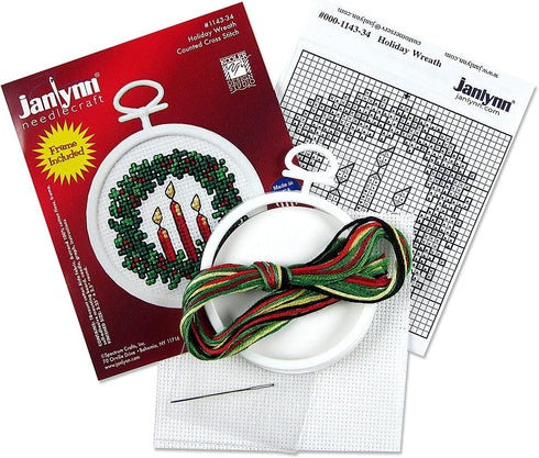 Janlynn 18 Count Round Mini Counted Cross Stitch Kit, 2.5-Inch, Holiday Wreath...