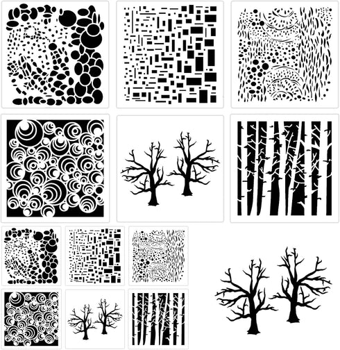 12 Pcs Mixed Media Stencils Sea Bubbles Spirals Template Cell Theory Cubist Stencil Aspen Trees Branches Painting Stencils for Canvas Arts Journal...