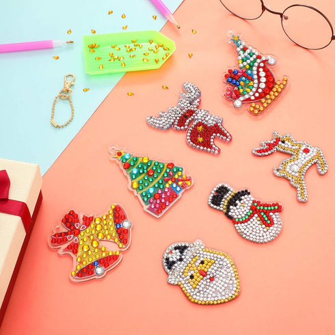 WILLBOND 16 Pieces Christmas Diamond Key Chain Kits Double Sided Diamond Art Keychain Bulk Diamond Christmas Ornament 5D Diamond DIY Painting Key ...
