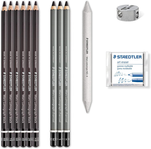 STAEDTLER Mars Lumograph Art Set | Drawing Kit with Charcoal and Graphite Drawing Pencils, Blending Stump, Kneadable Eraser and Dual Hole Sharpene...