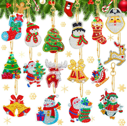 WILLBOND 16 Pieces Christmas Diamond Key Chain Kits Double Sided Diamond Art Keychain Bulk Diamond Christmas Ornament 5D Diamond DIY Painting Key ...