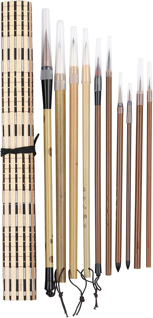 I-MART 10 Pcs Chinese Calligraphy Brush, Kanji Japanese Sumi Brushes, Writing Brush, Drawing Painting Brush Set with Roll Up Bamboo Holder...