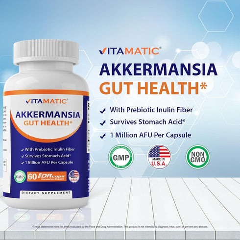 Vitamatic Akkermansia Muciniphila Gut Health - 60 DR Capsules (Delayed Released) - Made with Prebiotic Inulin Fiber...