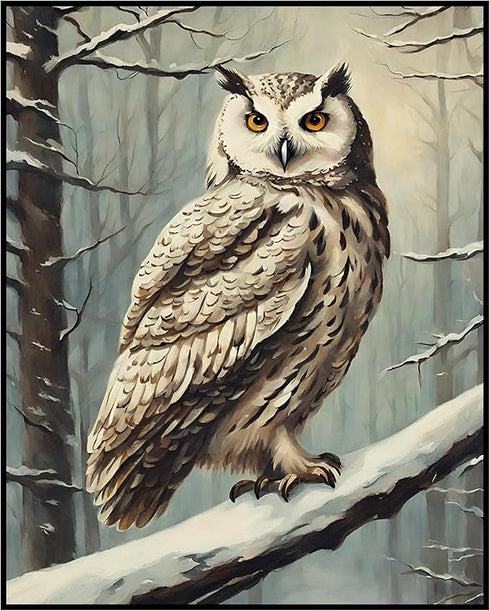 Posterizer 1 pcs-owl in nature-winter snowy scene in oil painting style-14-Art for Animal Lovers-Landscape & Nature Art-Decor for Home & Office- u...