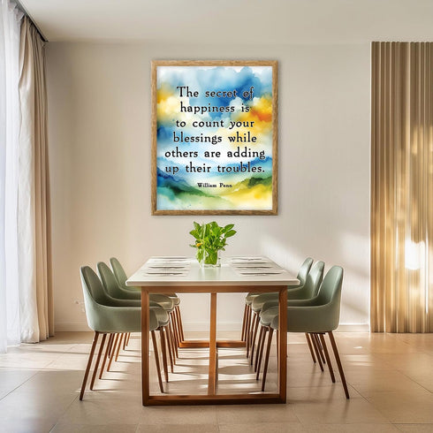 Posterizer 1 pcs-Secret of Happiness-Count Your Blessings- William Penn-Quotes-Motivational & Inspirational Art-Gift for book lovers- unframed wal...