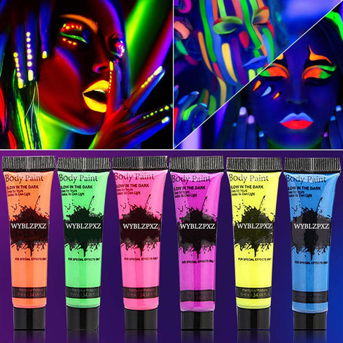 6 Pcs Glow in Dark Face Body Paint,Black Light Glow Makeup Set Neon Fluorescent,Glow Blacklight Body Face Paint Set Face Painting for Music Festiv...