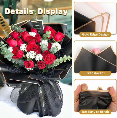 20 Sheets Flower Wrapping Paper, Waterproof Floral Bouquet Wrapping Paper Gold Edge Korean Florist Bouquet Supplies for DIY Crafts Packaging Bouqu...