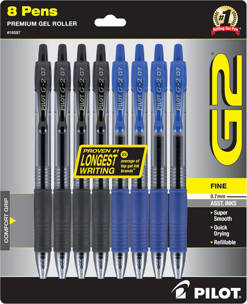Pilot, G2 Premium Gel Roller Pens, Fine Point 0.7 mm, Blue, Black, Pack of 8...