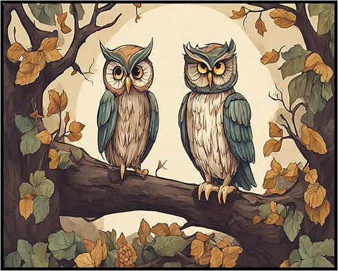 Posterizer 1 pcs- Two blue and white owls sitting on a tree in Autumn-Art for Animal Lovers-Floral Botanical Art- Gift for Men Women Teens-Living ...