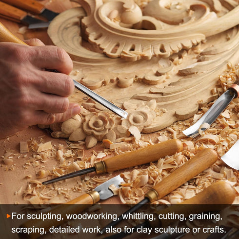 4pcs Wood Carving Knife Set 65# Manganese Steel Hand Carving Tools Wood Chisels for Sculpting Woodworking, Big Flat/Big Diagonal/Mid Semicircle/Tr...