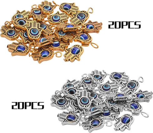 40pcs Antique Hamsa Hand Evil Eye Charms Hand of Fatima Pendants Jewelry Findings Accessory for DIY Necklace Bracelet Crafting Supplies,Gold & Sil...