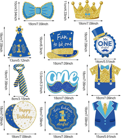30 Pieces Mr Onederful Boys 1st Birthday Decorations, Blue and Gold Baby 1st Birthday Party Hanging Foil Swirls Ceiling Mustache Toppers Sign Deco...