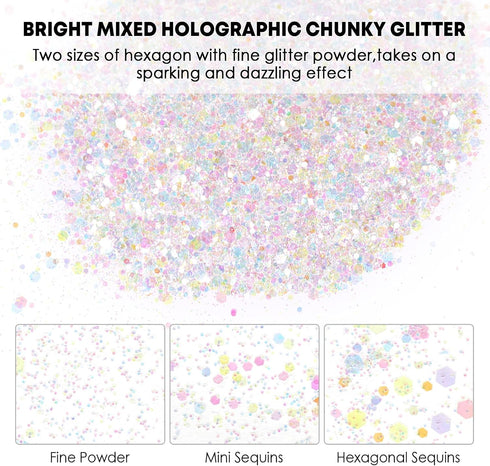 HTVRONT Holographic Chunky White Glitter - 100g Chunky Glitter for Crafts, 3.53oz Iridescent Glitter Chunky Mixed with Fine Glitter, Snow Glitter ...