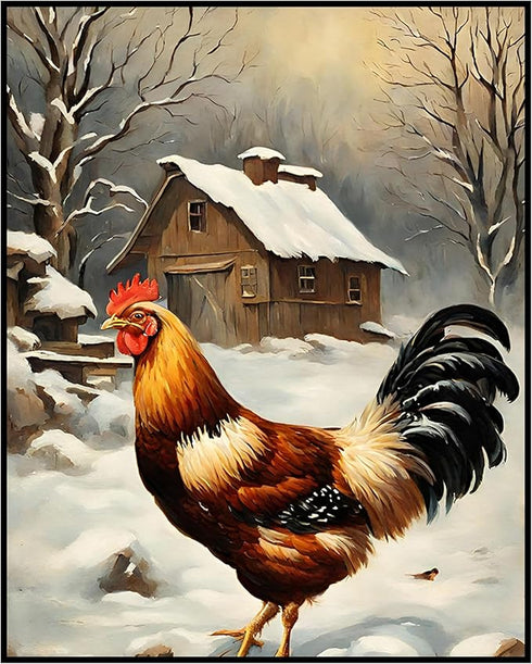 Posterizer 1 pcs-chicken in snowy winter scene-oil painting style -2-Art for Animal Lovers-Landscape & Nature Art-Decor for Home & Office- unframe...