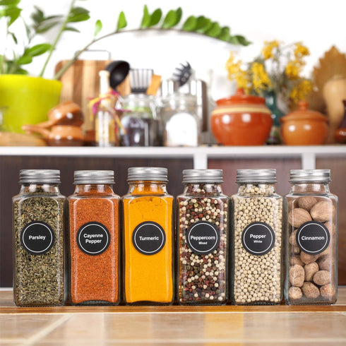AOZITA 14 Pcs Glass Spice Jars with Spice Labels - 8oz Empty Square Spice Bottles - Shaker Lids and Airtight Metal Caps - Chalk Marker and Silicon...
