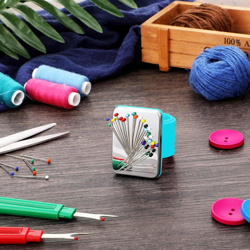 WILLBOND Magnetic Wrist Sewing Pincushion Wrist Magnetic Pin Holder Wristband Pin Cushion Holder with 3 Pcs Stainless Steel Pintail Comb Rat Tail ...