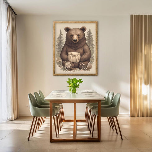 Posterizer 1 pcs- Grizzly bear with a white bag sitting on flowers-Art for Animal Lovers-Abstract & Modern Art- Gift for Men Women Teens-Decor fo...